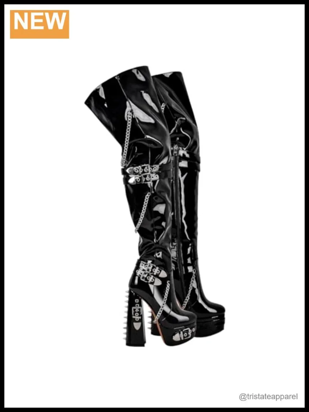Over Knee Block Heel Boots Wide Calf Side Zip Rivet Chain Motorcycle
